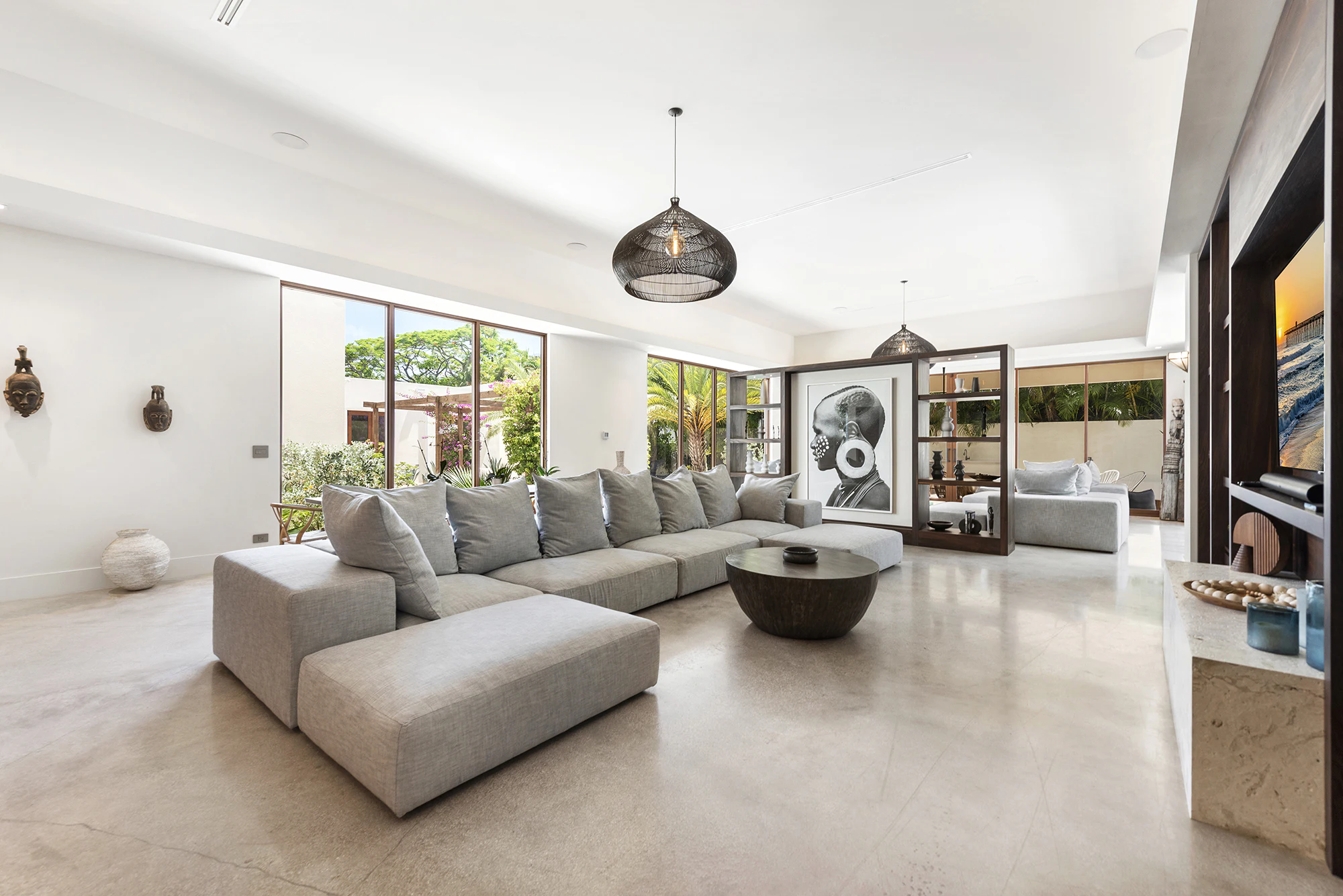 Main living room with views of courtyard in Miami